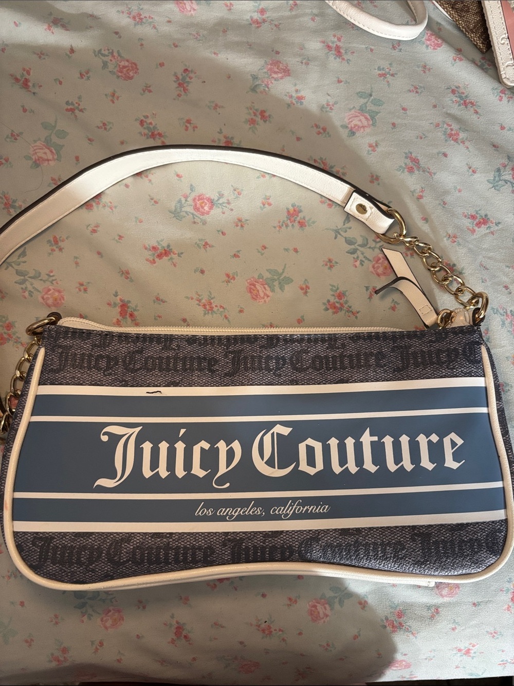 Juicy Couture Blue and White Logo Shoulder Bag with Gold Hardware